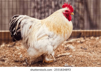 A white rooster with a bright red comb and wattle standing on a dirt ground with some straw - Powered by Shutterstock