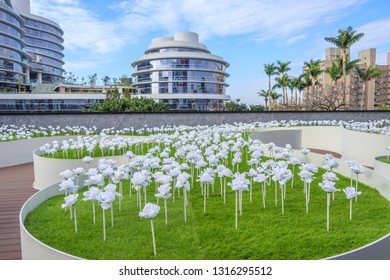 The White Rose Flower Glows At Night In Taichung Dali Art Plaza, Taichung City, Taiwan