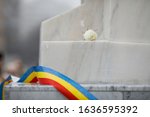 White rose on a white marble monument with the Romanian flag during a rainy day.