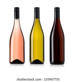  White, Rose, And Red Wine Bottles Set Isolated On White