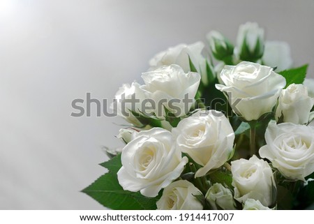 White roses bouquet on white background with soft focus.