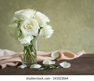 White Roses In Vase ,style Vintage