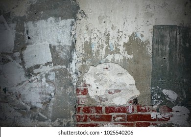 White Rough Graffiti Grunge Brick Wall With Abstract Draw Pattern Horizontal Background Or Texture. Elements And Details Of Old White Urban Brickwall With Grafiti Street Art. Street Art Concept