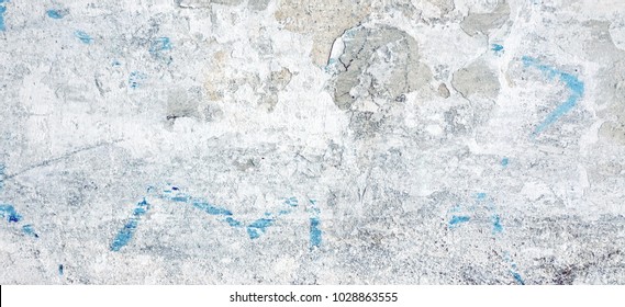 White Rough Graffiti Grunge Brick Wall With Abstract Draw Pattern Horizontal Background Or Texture. Elements And Details Of Old White Urban Brickwall With Grafiti Street Art. Abstract WEB Banner