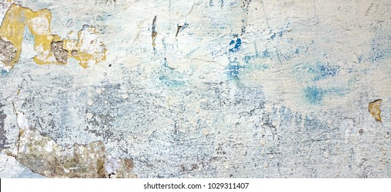 White Rough Graffiti Grunge Brick Wall With Abstract Draw Pattern Horizontal Background Or Texture. Elements And Details Of Old White Urban Brickwall With Grafiti Street Art. Abstract WEB Banner