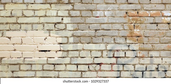 White Rough Graffiti Grunge Brick Wall With Abstract Draw Pattern Horizontal Background Or Texture. Elements And Details Of Old White Urban Brickwall With Grafiti Street Art. Street Art Concept