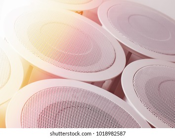 White Round Circle Speakers Near Each Over. Alarm System Equipment. Soft Focus Photo Good For Security Service Engineering Company Site Or Advertising