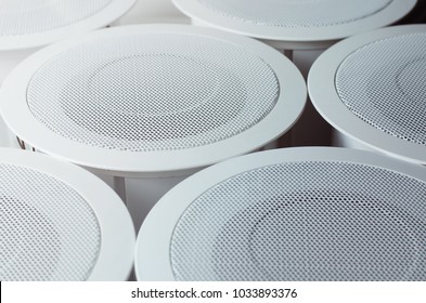 White Round Circle Speakers Near Each Over. Alarm System Equipment. Soft Focus Photo Good For Security Service Engineering Company