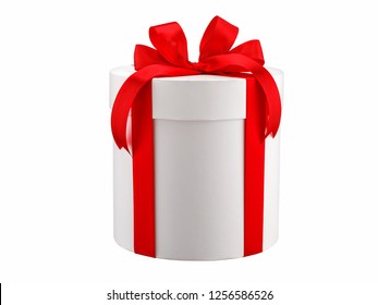 White Round Gift Box With A Red Bow Isolated.