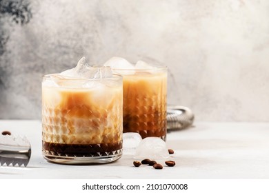 White Russian Cocktail, Trendy Alcoholic Drink With Vodka, Coffee Liqueur, Cream And Ice, Gray Background, Bar Tools, Copy Space