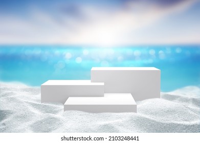White Sand with White 3D podium put on sand dune againt blurry blue ocean and beautiful sky Summer background with display advertistment concept, 3D rendering - Shutterstock ID 2103248441