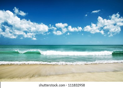 White sand beach and blue sky.