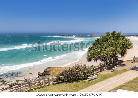 White Sand Beach seen from Ballina Head Lookout with Bench, New South Wales, Australia.