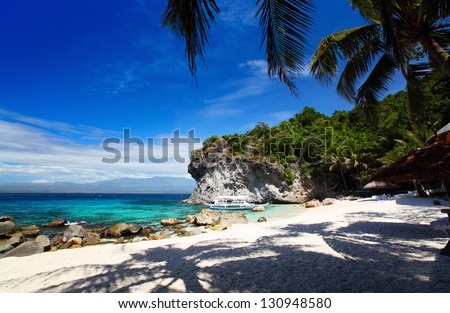 White sandy beach and palm trees in a blue tropical lagoon. Apo island, Philippines
