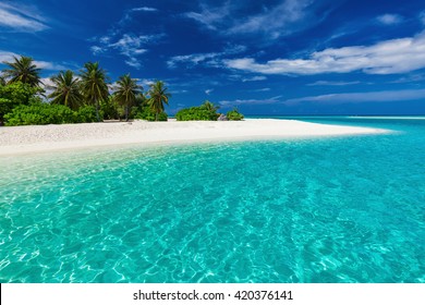 White sandy tropical beach with palm trees and blue lagoon on sunny day