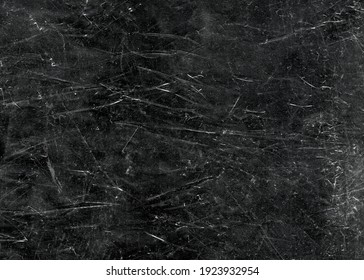 White Scratches And Dust On Black Background. Vintage Scratched Grunge Plastic Broken Screen Texture. Scratched Glass Surface Wallpaper. Space For Text