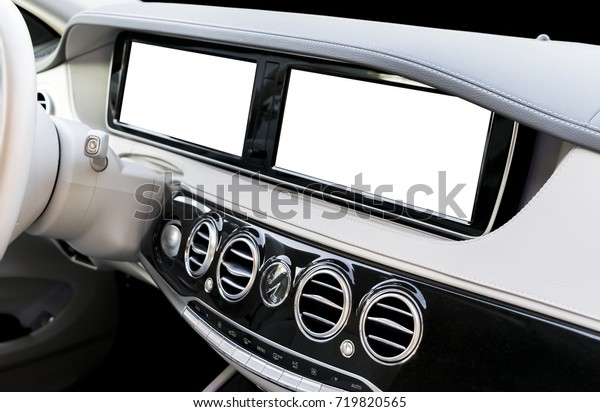 White Screen system display for GPS Navigation and\
Multimedia as automotive technology in car. white copy space of\
touch screen. Modern car dashboard empty space for text. White\
screen