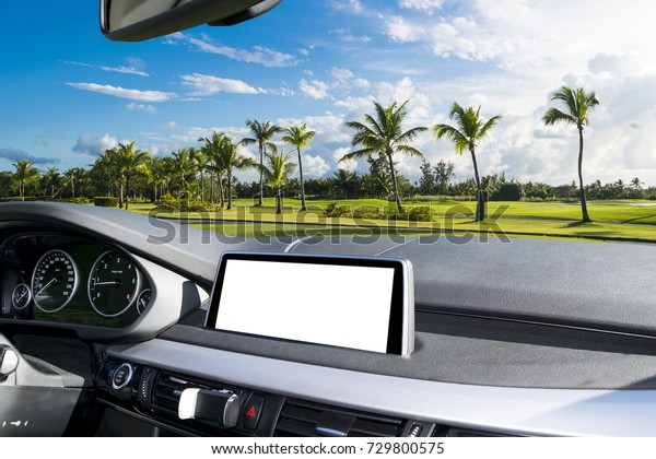 White\
Screen system display for GPS Navigation and Multimedia technology\
in car. White copy space of touch screen. Car dashboard empty space\
for text. Blank empty white screen. Outdoor\
concept