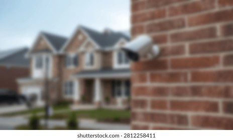 A white security camera is attached to a red brick wall, with a blurred residential house visible in the background.
