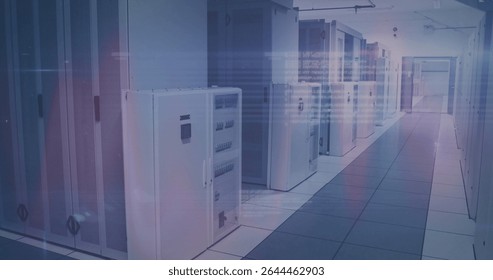 White server cabinets lining data center corridor, with overhead cable trays and raised floor tiles. Technology, infrastructure, cybersecurity, digital, networking, industrial, modern