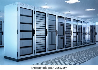 White Server Room Network/Communications Server Cluster in einem Serverraum. CG-Bild.