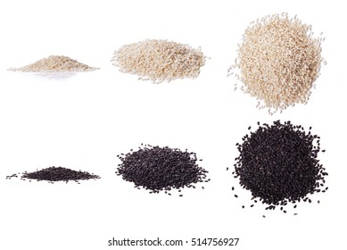 White Sesame And Black Sesame Seed Isolated On White Background. Three Types Of View