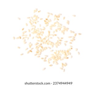 White sesame seeds isolated on white background. top view