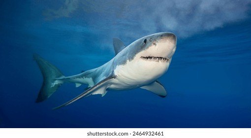 White shark swimming near the surface. Image shot whilst cage diving.  
