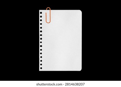 the white sheet torn from a notebook on a black background with a colored paper clip