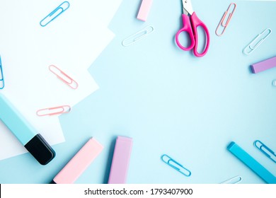 White Sheets Of Paper, Scissors, Markers, Erasers, Clips On A Light Blue Gentle Background. Blue Set For Girls. School Stationery And Supplies. Back To School, Homeschool Creative Workspace. Flat Lay