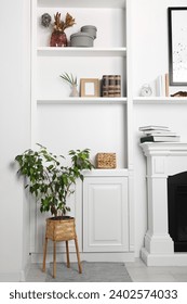 White shelving unit with houseplant and different decor elements in room. Interior design