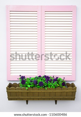 white shutters and purple flowers in a pot
