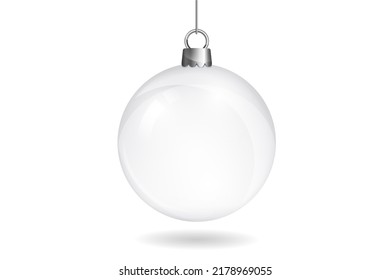 White or silver christmas ball isolated on white background. Ball with ribbon and bow. New year toy decoration. Holiday decoration element. White pearl balloon. Festive christmas tree toy.