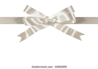 White Or Silver Gift Ribbon And Bow Straight Horizontal Isolated On White Background