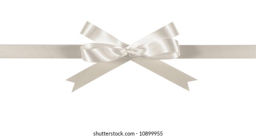 White Or Silver Gift Ribbon And Bow Straight Horizontal Isolated On White Background