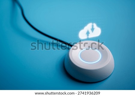 A white smart button displaying a glowing blue cloud computing icon with arrows on a blue background, representing data transfer, cloud storage technology, and server synchronization solutions