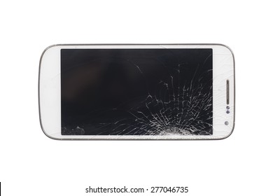 white smart phone with broken screen isolated on white background.