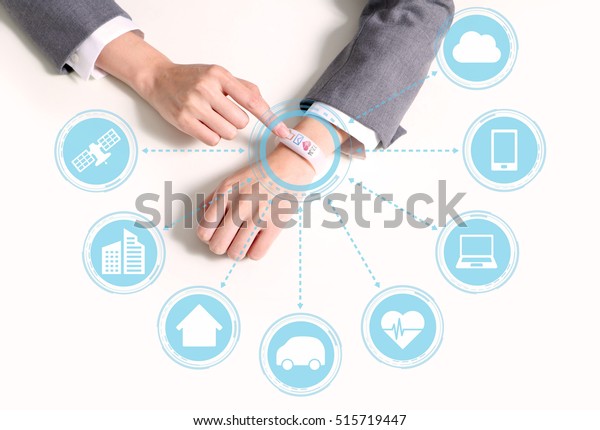 white smart watch and connection\
to various devices, wearable device, IoT(Internet of\
Things