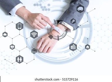 White Smart Watch And IoT(Internet Of Things) Concept, Wearable Device