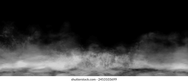 White smoke or fog flow on floor. Large mist in dark room on black background. Smoke on stage studio
