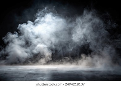 White smoke or fog flow on floor. Large mist in dark room on black background. Smoke on stage studio for product presentation