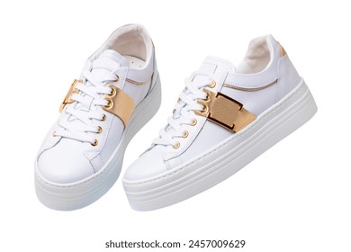 White sneaker isolated. Close-up of a pair white elegant stylish female leather high-heeled sport shoes isolated. Womens shoe fashion. Modern footwear for workout. - Powered by Shutterstock