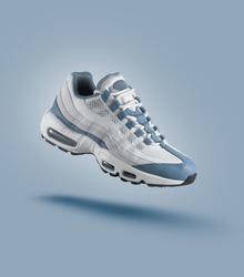 White Sneaker With Light Blue Accents On Blue Gradient Background, Sport Concept, Men's Fashion, Sport Shoe, Air, Sneakers, Lifestyle, Concept, Product Photo, Levitation Concept, Street 