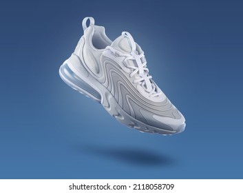 White sneaker on a blue gradient background, men's fashion, sport shoe,  air, sneakers, lifestyle, concept, product photo,  levitation concept, street wear, trainer - Shutterstock ID 2118058709