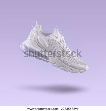 White sneaker sport shoe on a purple gradient background, sport concept, men's fashion, sport shoe, air, sneakers, lifestyle, concept, product photo, levitation concept, street 