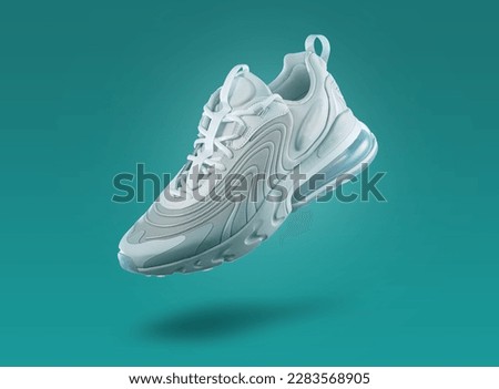 White sneaker  sport shoe on a green gradient background, sport concept, men's fashion, sport shoe, air, sneakers, lifestyle, concept, product photo, levitation concept, street 