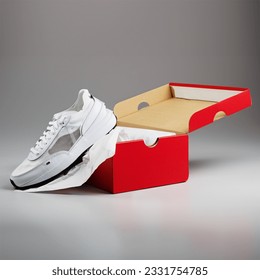 White sneakers placed on a red shoebox