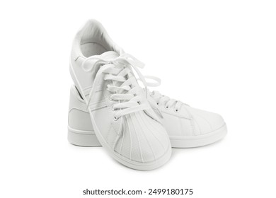 White sneakers, trainers isolated on white background. Unisex casual sports shoes. Top view. Space for text. Copy space.Stylish sport shoes. Trendy footwear - Powered by Shutterstock