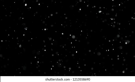 White Snow Falling On Isolated Black Background, Shot Of Flying Snowflakes Bokeh, Dust Particles Or Powder In The Air. Holiday Overlay Effect