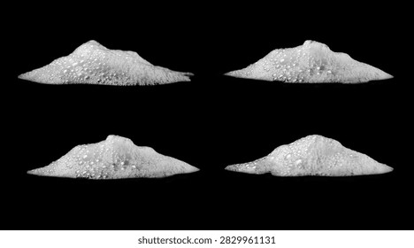 White soap foam bubbles isolated on black background. Abstract cleaning texture with soft detergent lather for hygiene, washing, skincare, sanitation and cosmetic design concepts.